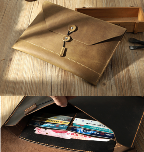 file Folder pocket cow Leather Messenger bag Briefcase Pouch handmade beige z727 - Afbeelding 1 van 2