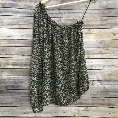 Ro & De Sheer One Shoulder Blouse Top Cheetah Camo Green Boho Festival Sz S - Picture 3 of 7