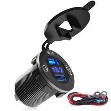 Aluminum Plate QC 3.0 Fast Car Charger 2 USB Port Outlet LED Voltmeter +24" Wire