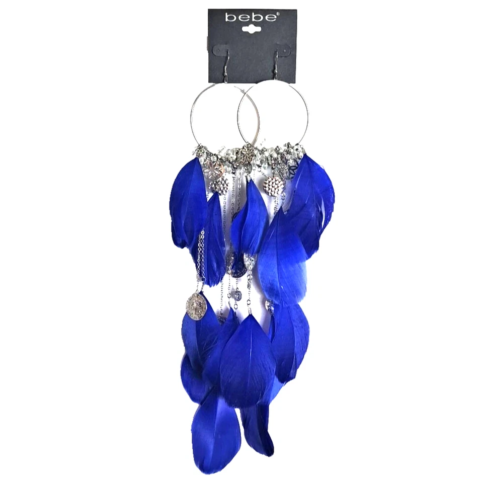Pendientes Largos BEBE Aro Gran Tamaño Pluma Cristal Azul Boho Festival Western Foto 2 de 4