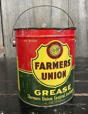 Vintage Farmers Union Grease Co-Op Motor Oil 10 Lb Bucket Tin Can