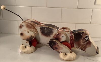 Vintage Fisher-Price Toys 1960s Snoopy Sniffer Dog Wooden Pull Along Toy #181