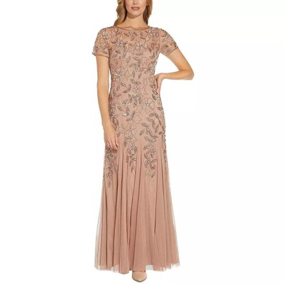 Adrianna Papell Women's Floral Beaded Gown with Godets, Rose Gold Size 8
