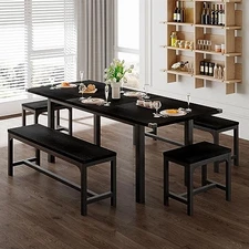  5-Piece Dining Table Set for 4-8 People, Black 5-Piece(2 Benches & 2 Stools)