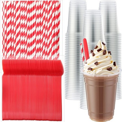 100 Sets Disposable Utensils, Plastic Root Beer Float Cups Parfait Cups, 8.27