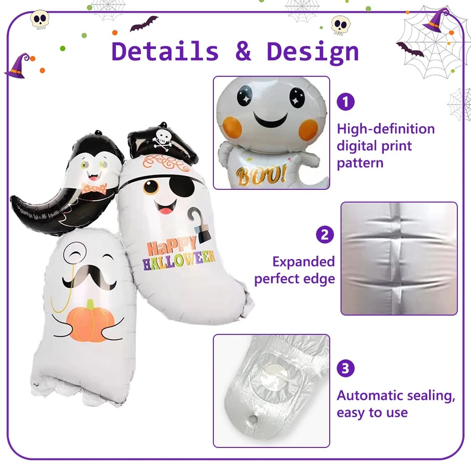 Juego de decoración de fiesta con globo de aluminio de Halloween con esqueleto de calabaza fantasma blanco Foto 4 de 4