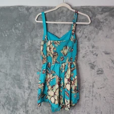 LAND OF THE FREE Dress Womens Small Turquoise Blue Floral Smocked Summer Pockets