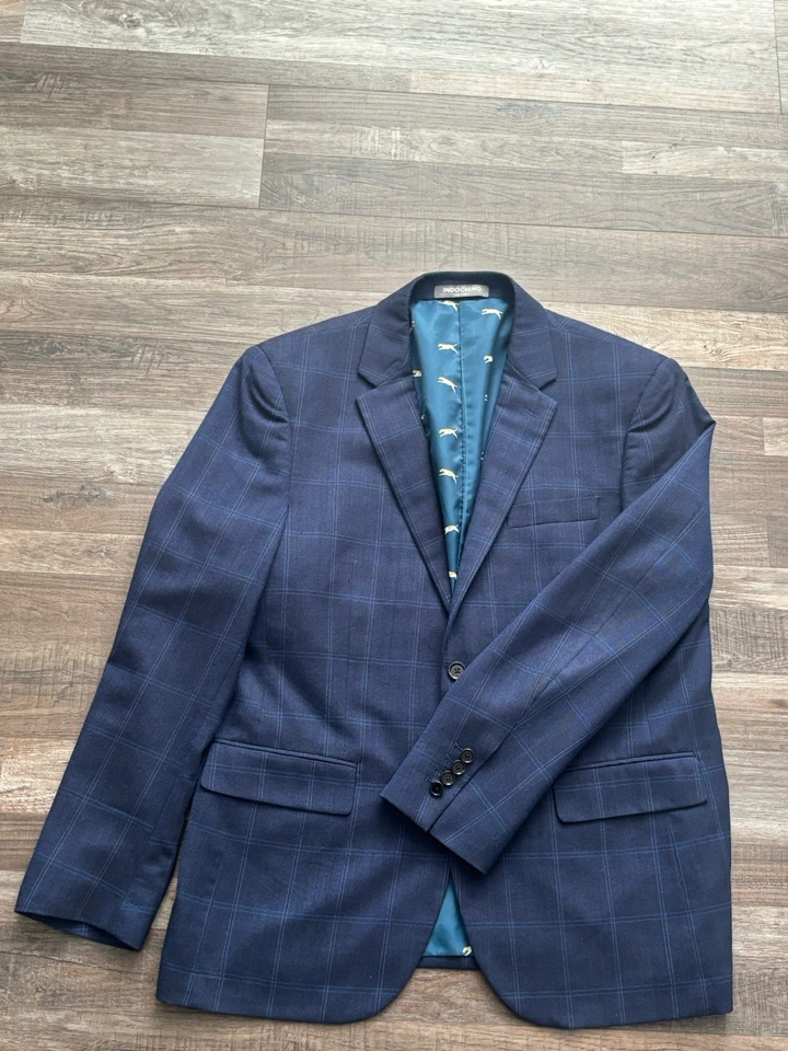 Traje de lana a cuadros azul INDOCHINO 2 piezas para hombre talla 42S pantalones 38x30 Foto 2 de 4