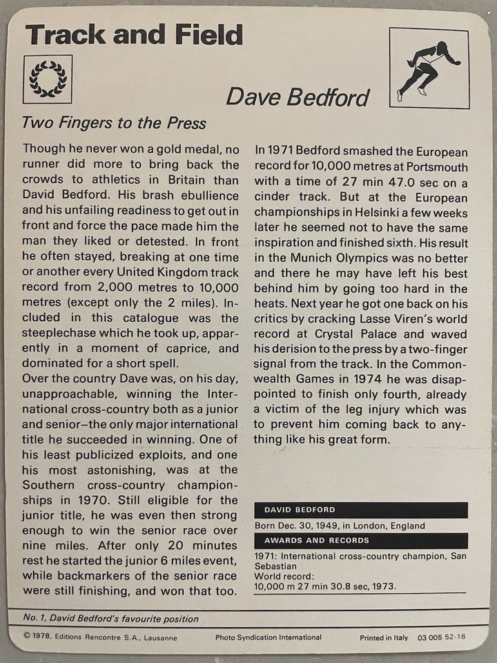 Tarjeta de atletismo Sportscaster 1978 Dave Bedford Foto 2 de 2
