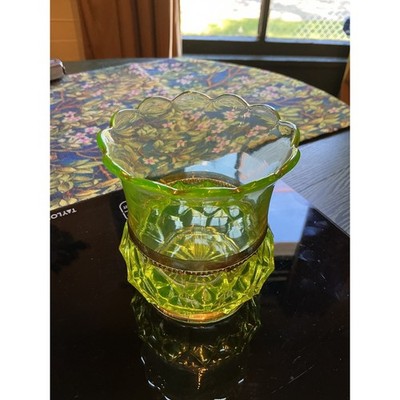 Antique Beaumont Glass Vaseline 4.25'' Spooner Gold Accents