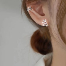925 Sterling Silver Ear Cuff Simulated Zirconia Leaf Clip On Women Jewelry