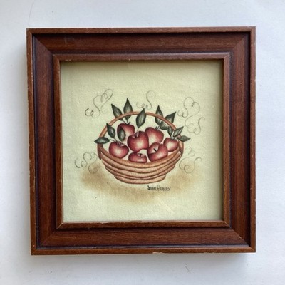 Jean Henry Folk Art Apple Basket Theorem Painting Framed 6'' Square Fall Cottage