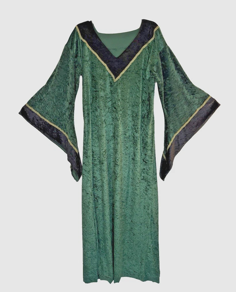 Túnica de vestido renacentista medieval con ribete negro/dorado de terciopelo triturado verde #32 Foto 2 de 4