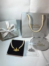 Vivienne Westwood Gold White Pearl Necklace Choker Chain With All Packaging