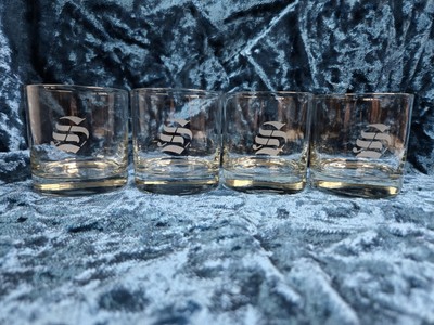 4 Etched Monogrammed ''S'' Drinking Glass Clear Whiskey Rocks Lowball Barware