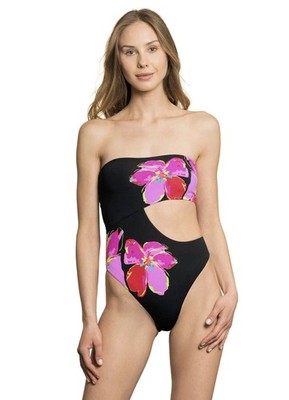 Maaj  One Piece Swimsuit Bite Shark Hawaii Floral Tropical Black Pink Small NEW