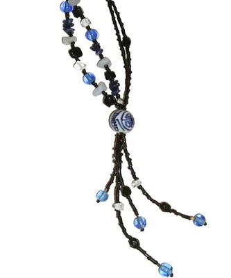 Blue agate, rock crystal sodalite gems, vintage porcelain Chinese beads necklace - Image 1 of 4
