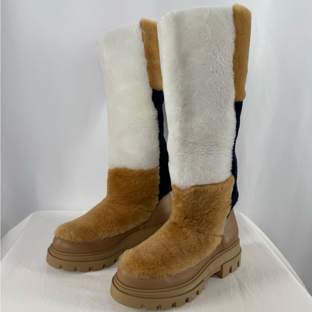 Free People Happy Thoughts Shearling Real Fur Patchwork Knee High Boots Tan 6.5 image 4