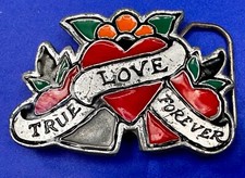 True Love Forever Three Hearts Ribbon Vintage Sailor Jerry Belt Buckle