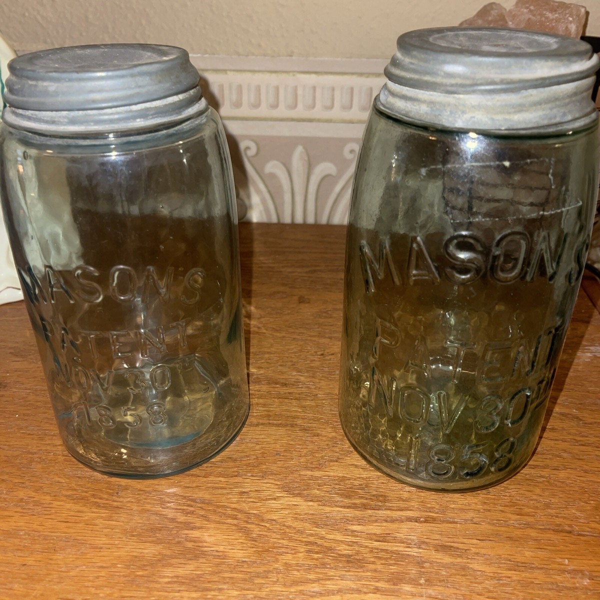 2Vintage Masons Patent Nov 30th 1858 Quart Fruit Jar Glass w Zinc