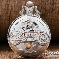 Silver Motocycle Design Men Women Quartz Pocket Watch Necklace Pendant Chain