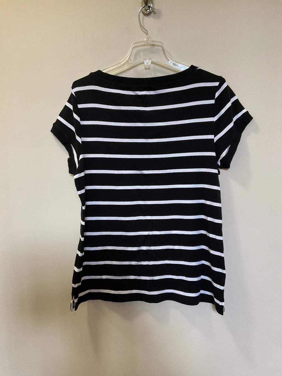 TALBOTS Stretch Weekend Tee Black White Striped Short Sleeve Size