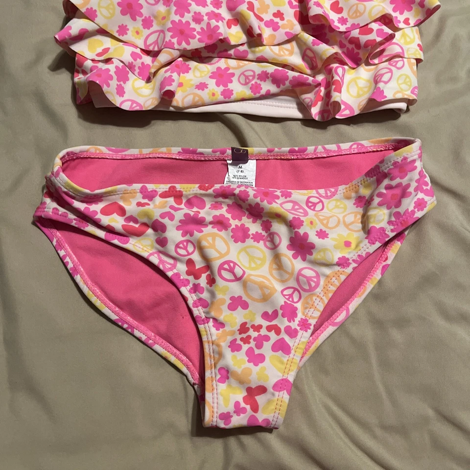OP Ocean Pacific | Girls 2 Piece Tankini Set Peace Sign Ruffles | M ( 7-8 ) - Image 3 of 4