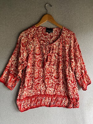 Cynthia Rowley Top Plus 1X Red Boho Coastal Resort Whimsical Artsy