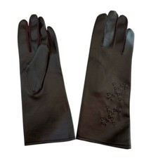 Dark Brown Faux Leather Driving Gloves S/M Embroidered Dots Wrist Length