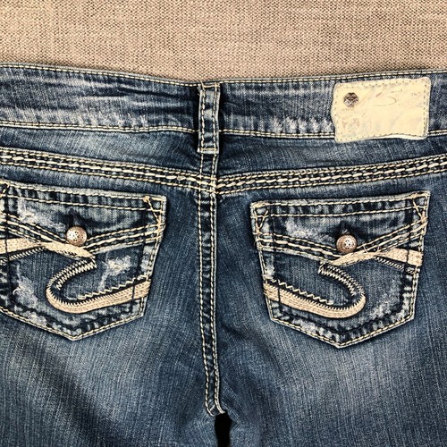 Silver Jeans Womens 28 Blue Suki Faux Flap Pockets Embroidered Flare Distressed - Bild 11 von 14