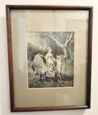 Antique Edward Douglas Cow Dairy Milkmaid Jerry Etching Framed