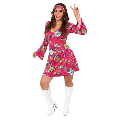 1960er 70er HIPPIE FANCY KLEID DAMEN HIPPIE KOSTÜM BLUME POWER ERWACHSENE RETRO GOGO
