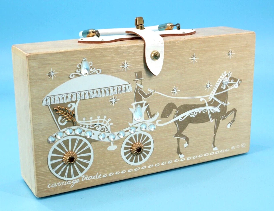 Bolsa de mão vintage anos 60 madeira Collins Of Texas caixa com cavalo 1962 Enid Collins assinada - Imagem 2 de 4