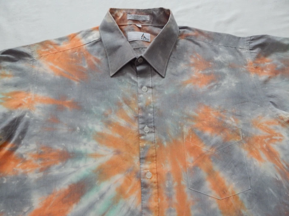 Tie Dye Black Orange Blue Short Sleeve Button Down Shirt - XL Mens Hand Made 17 - Image 4 of 4