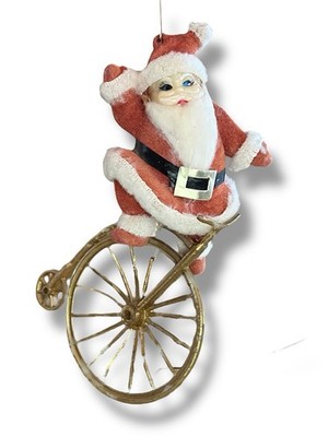 Vintage flocked Santa Claus cotton beard penny farthing antique bicycle ornament