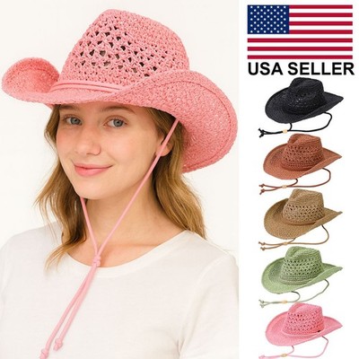 C.C Women Solid Color Paper Straw Open Weaved Cowboy Hat with Chin Strap