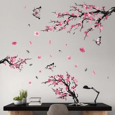 Pink Watercolor Cherry Blossom Flower Wall Stickers - Tree Branch Birds Flora...