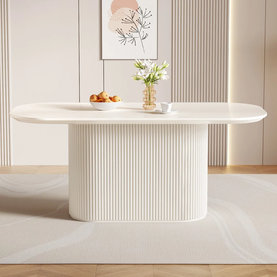 Mesa de comedor ovalada de 70", mesa de cocina moderna crema, mesa de comedor rectangular Foto 2 de 4