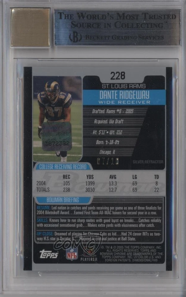 2005 Bowman Chrome Silver Refractor /10 Dante Ridgeway BGS 9 MINT Rookie Auto RC - Image 2 of 2