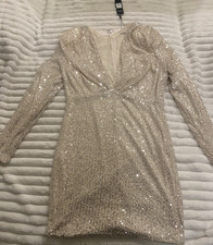 Fashion Nova Women's Ivory Sequin Mini Dress XL V-Neck Long Sleeve Party