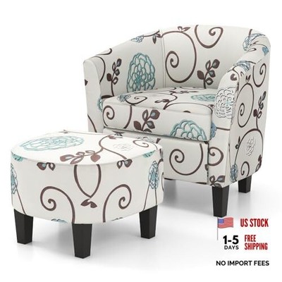  Small Accent Chair with Ottoman Set, Upholstered Barrel Chair with Blue Flower
