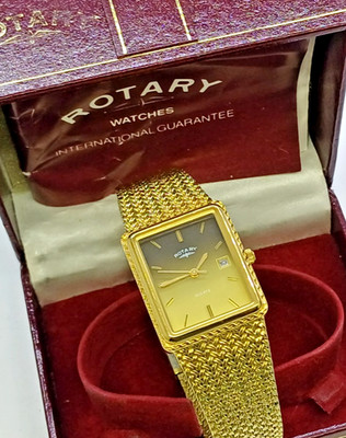 ROTARY RARE GRADIENT DIAL QZ WATCH DRESS GOLD P. DATE MENS SWISS BOX -PAPERS