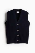 H M Women  s Rib Knit Sweater Vest Navy Blue Gold Buttons Size S NWT