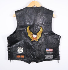 Diamond Plate Buffalo Leather Vest Men's XL Black Snap Button Patriotic Patches