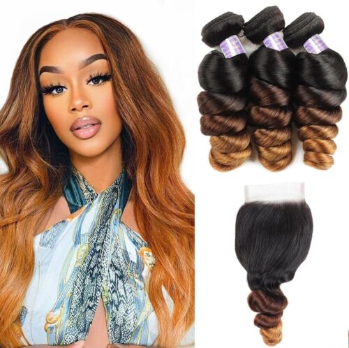 100% Human Hair Brazilian Loose Wave Ombre Bundles w/ Closure (14 16 18+12inch)