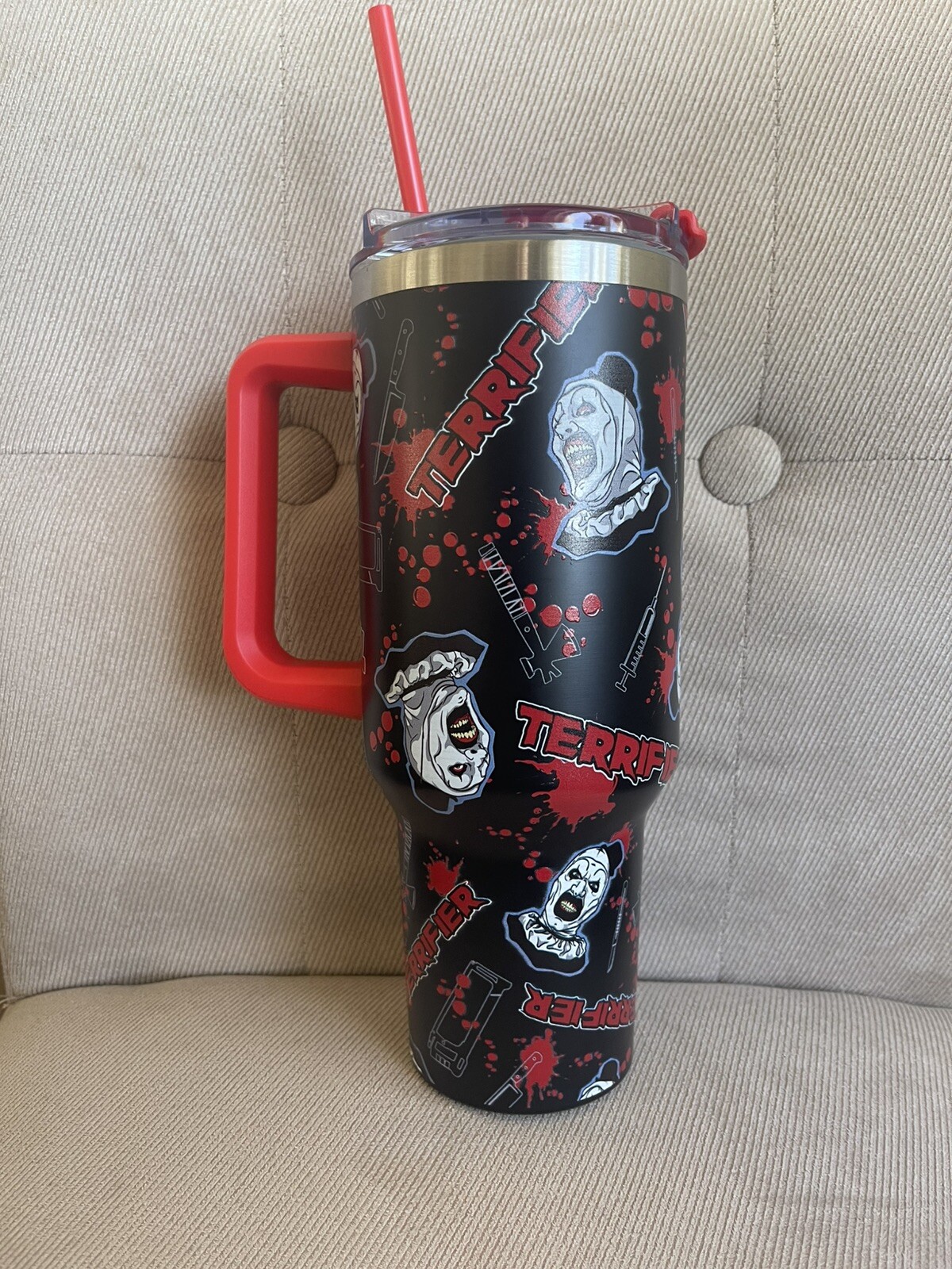 TERRIFIER Blood Splatter Art The Clown Travel Tumbler Cup NEW