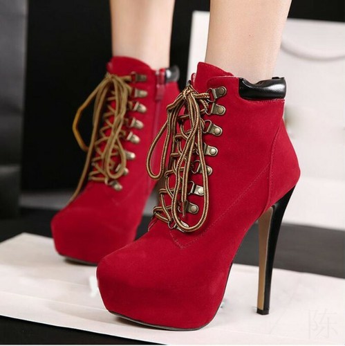 Women's Lace Up Platform Shoes 14cm High Heels Round Toe Ankle Boots Size 35-40 - Picture 14 of 16