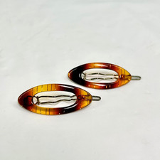 Vintage Faux Tortoise Shell Clip Barrettes 2  Open Oval Retro Gold Stripe