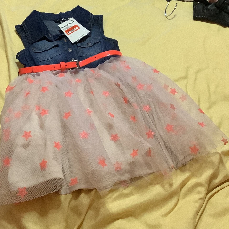 VESTIDO V-ZUNIE NIÑAS MANGA GORRA DENIM TOP CORAL INFERIOR FORRADO Talla 4 NUEVO CON ETIQUETAS Foto 4 de 4