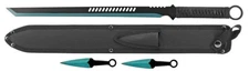3pc 27" Machete Set w/ 2x Throwing Knives Nylon Sheath Case 440 Steel Blue Black